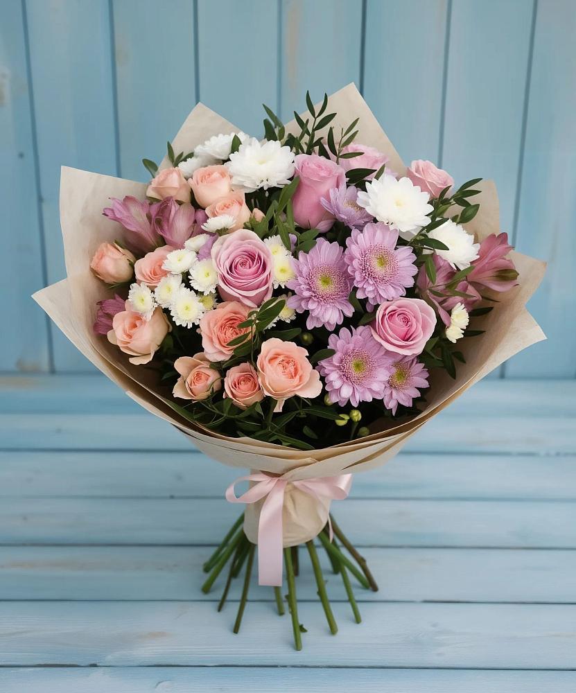 Букет цветов из: Хризантемы, Розы и Альстромерии в Поповскую