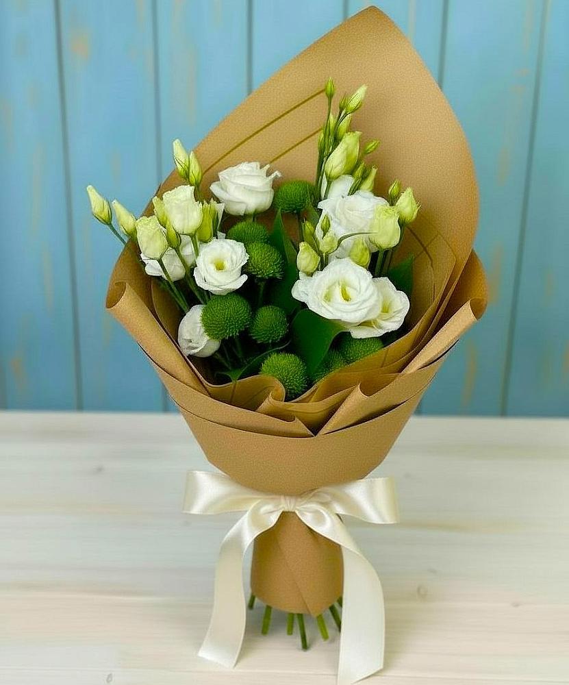 Букет цветов из: Хризантемы и Лизиантусы в Поповскую