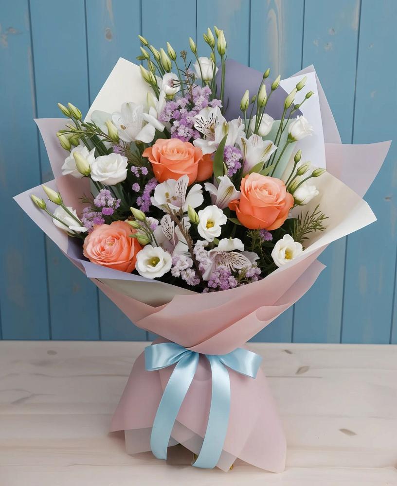 Букет цветов из: Лизиантусы, Розы, Альстромерии и Гипсофила в Поповскую