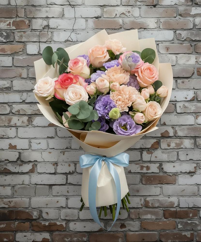 Букет цветов из: Розы, Лизиантусы и Гвоздики в Поповскую