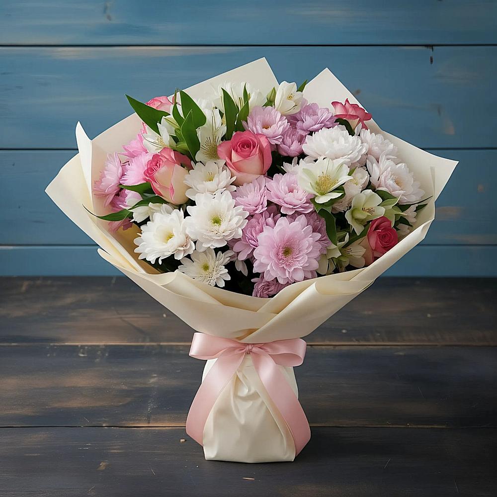 Букет цветов из: Хризантемы, Альстромерии и Розы в Поповскую